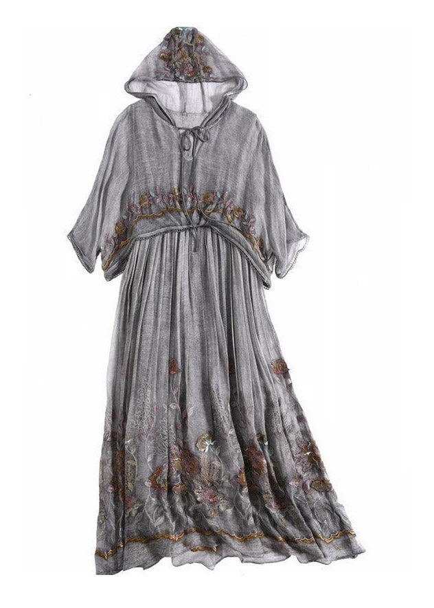 Grey Printing Neck Tie Take Two Pieces Hooded Maxi Dresses Summer