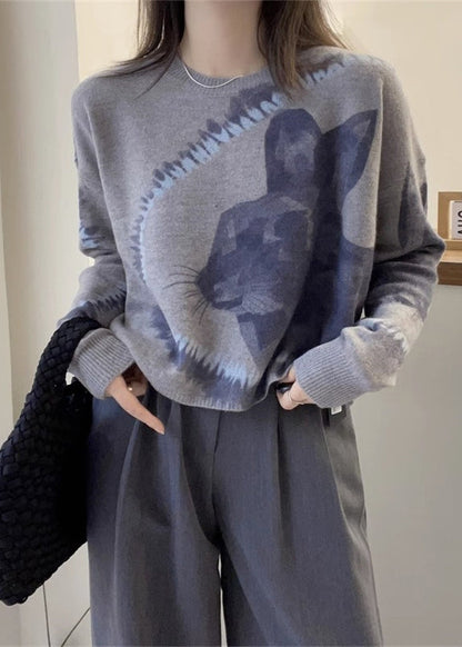 Grey O Neck Animal Print Thick Woolen Sweaters Fall