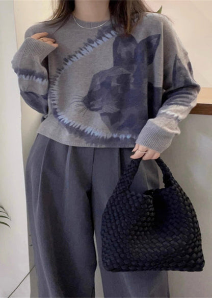 Grey O Neck Animal Print Thick Woolen Sweaters Fall
