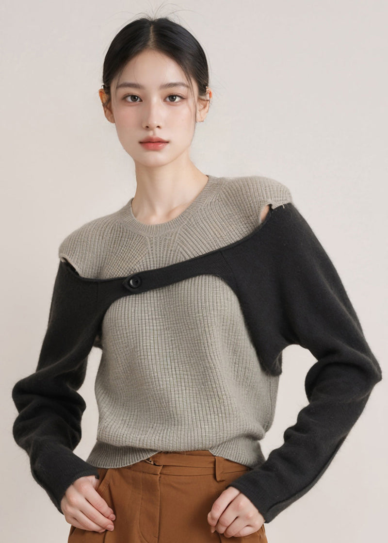 Grey O Neck Patchwork Woolen Knitted Tops Fall