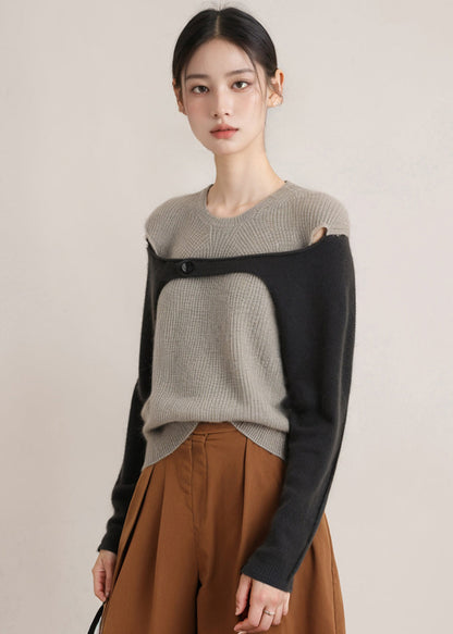 Grey O Neck Patchwork Woolen Knitted Tops Fall