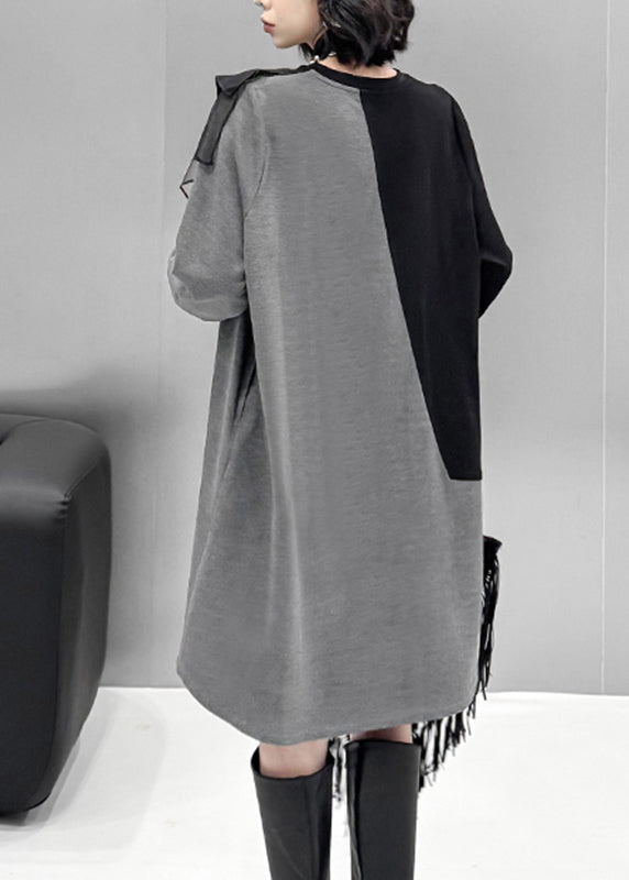 Grey O-neck Tulle Patchwork Cotton Knit Long Sweater Dress Lantern Sleeve