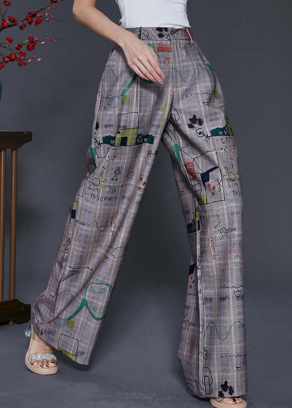 Grey Original Design Print Cotton Straight Pants Spring