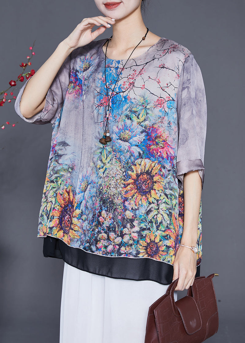 Grey Oversized Patchwork Print Silk Shirts Summer
