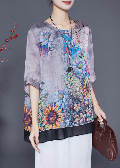 Grey Oversized Patchwork Print Silk Shirts Summer