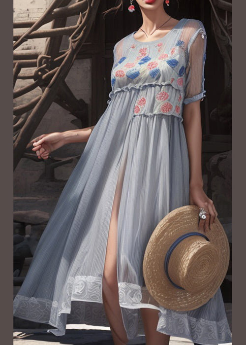 Grey Print Side Open Cotton Long Dresses Summer