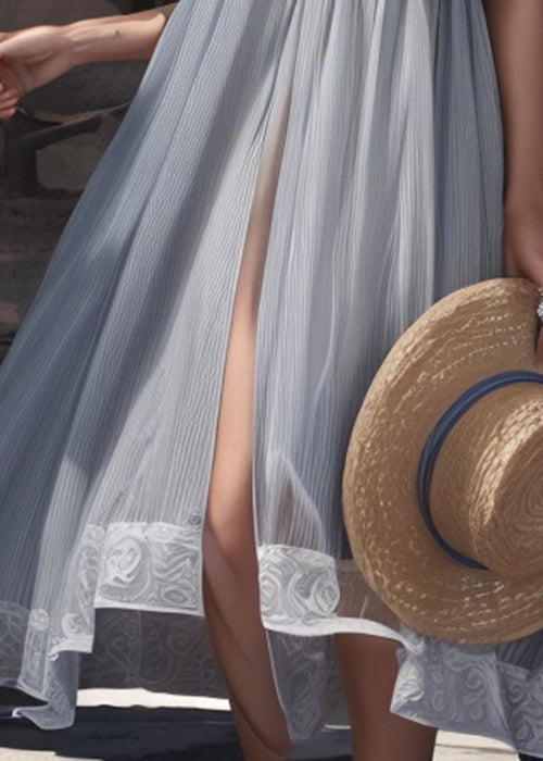 Grey Print Side Open Cotton Long Dresses Summer