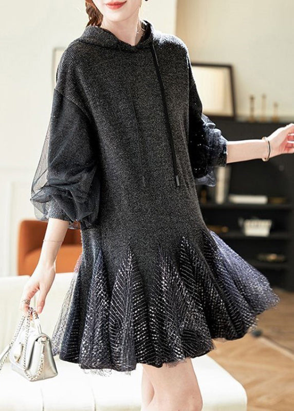 Grey Tie Lace Tulle Patchwork Hooded Mid Dress Spring