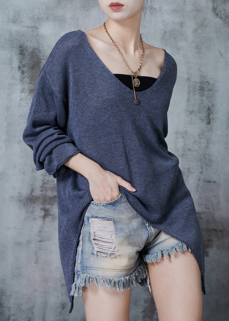 Grey V Neck Asymmetrical Design Knit Sweaters Spring