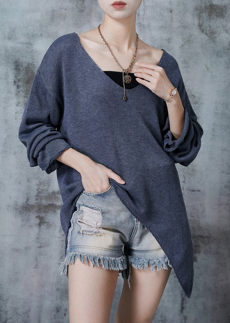 Grey V Neck Asymmetrical Design Knit Sweaters Spring