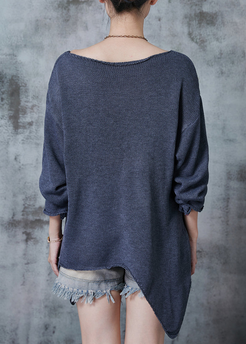 Grey V Neck Asymmetrical Design Knit Sweaters Spring