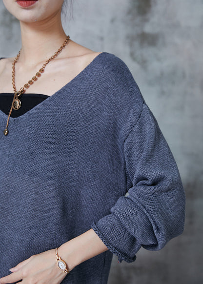 Grey V Neck Asymmetrical Design Knit Sweaters Spring