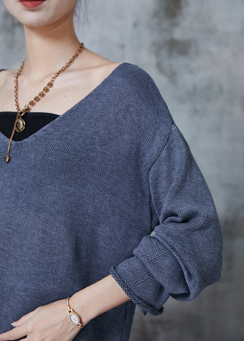 Grey V Neck Asymmetrical Design Knit Sweaters Spring
