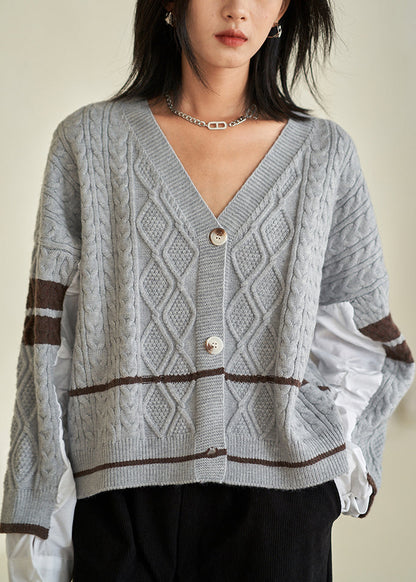 Grey V Neck Button Cotton Knit Top Fall