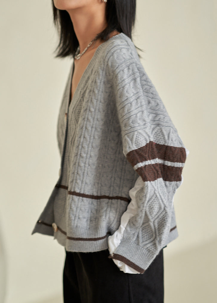 Grey V Neck Button Cotton Knit Top Fall