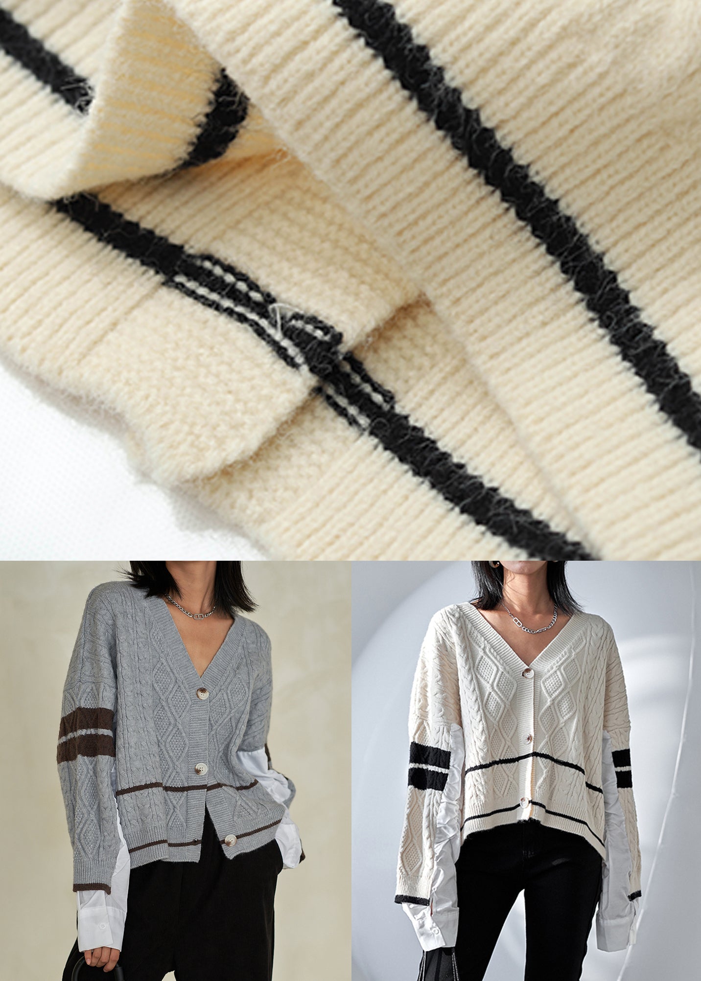 Grey V Neck Button Cotton Knit Top Fall