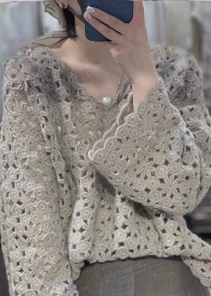 Grey V Neck Hollow Out Knit Tops Fall
