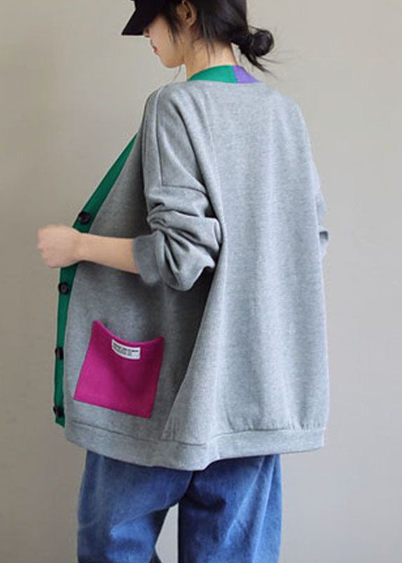 Grey V Neck Patchwork Cotton Cardigans Coats Spring