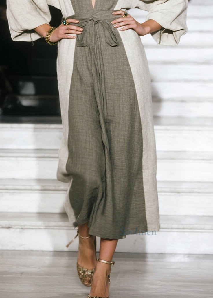 Grey V Neck Patchwork Cotton Long Dress Summer
