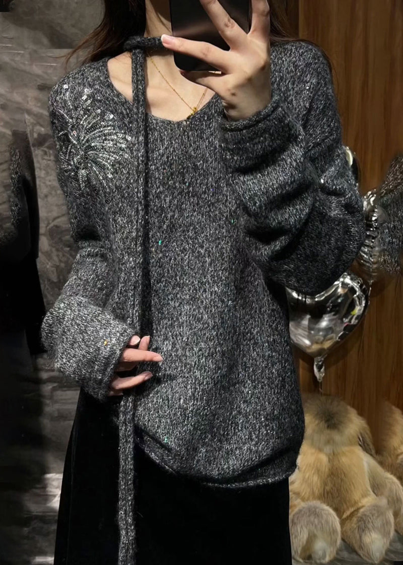 Grey V Neck Sequins Cotton Knit Sweater Spring