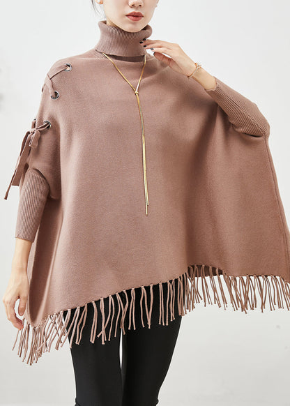 Khaki High Neck Oversized Tasseled Knitted Tops Batwing Sleeve
