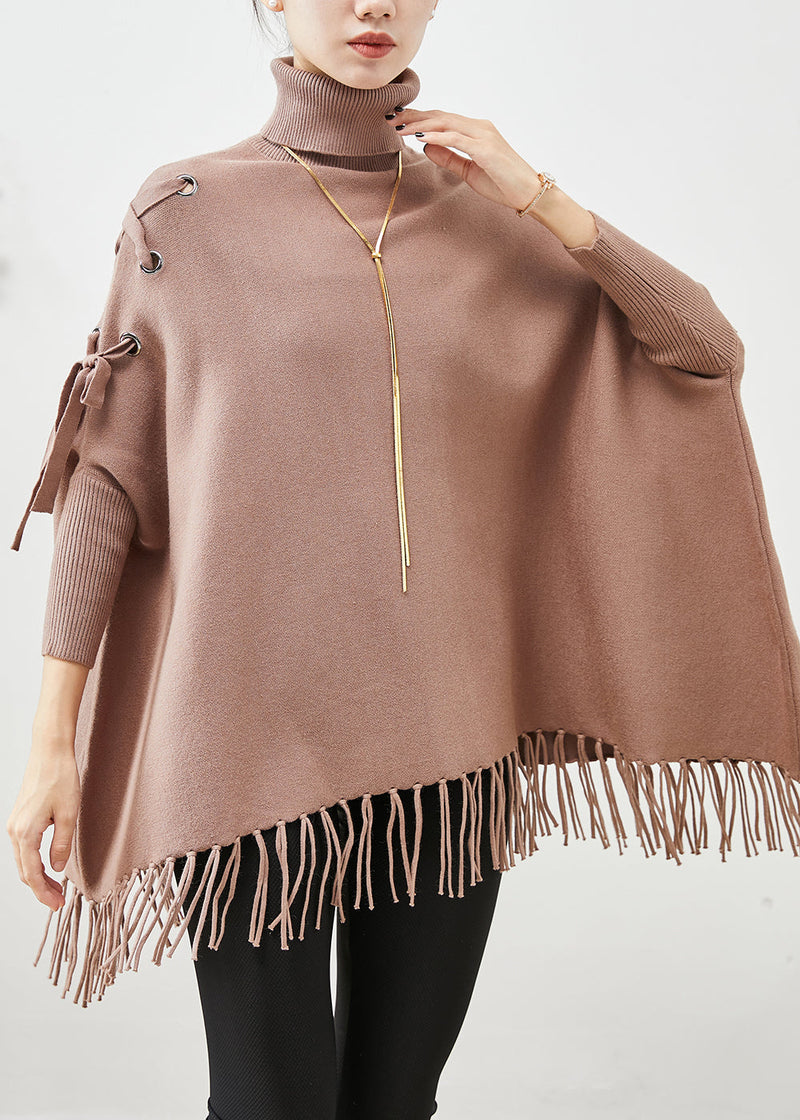 Khaki High Neck Oversized Tasseled Knitted Tops Batwing Sleeve