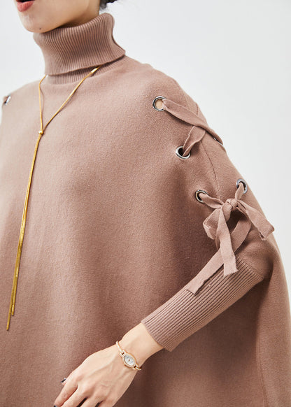 Khaki High Neck Oversized Tasseled Knitted Tops Batwing Sleeve