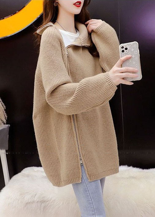Khaki High Neck Zippered Cozy Knit Pullover Winter