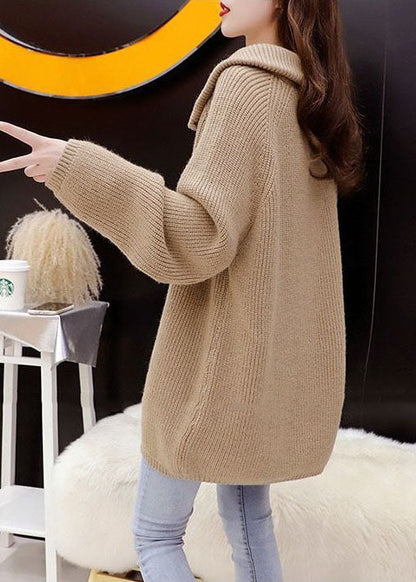 Khaki High Neck Zippered Cozy Knit Pullover Winter