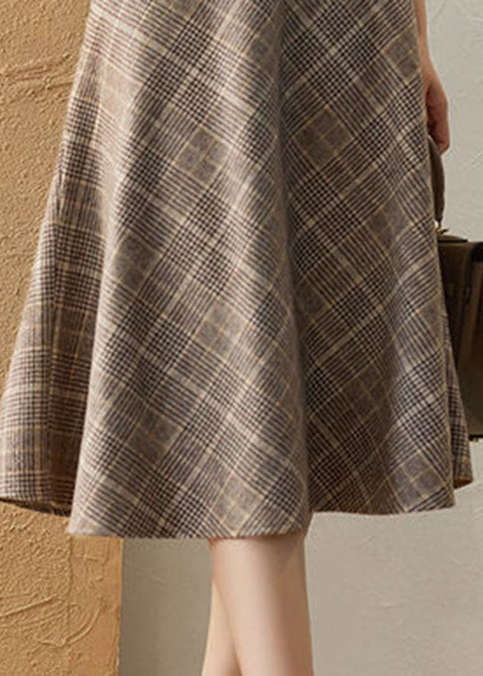 Khaki High Waist Plaid Romantic Fall Woolen Skirt