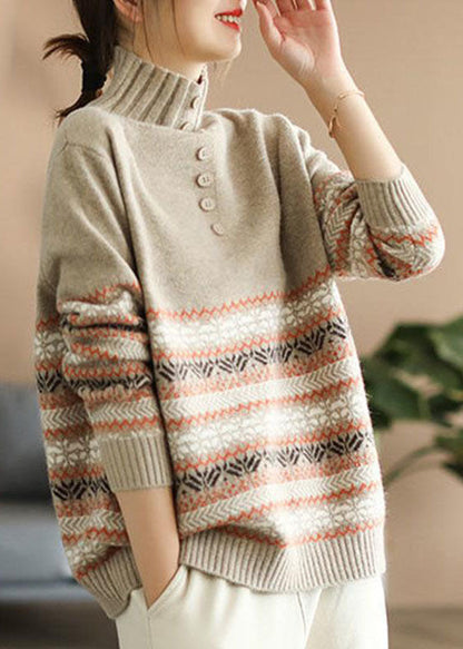 Khaki Hign Neck Print Knit Sweater Spring