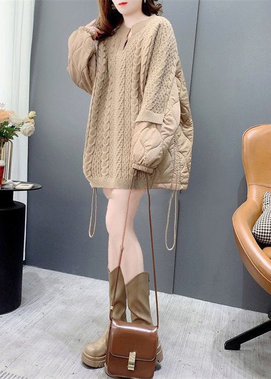 Khaki O-neck Oversized Cotton Filled Patchwork Drawstring Long Sweater Winter