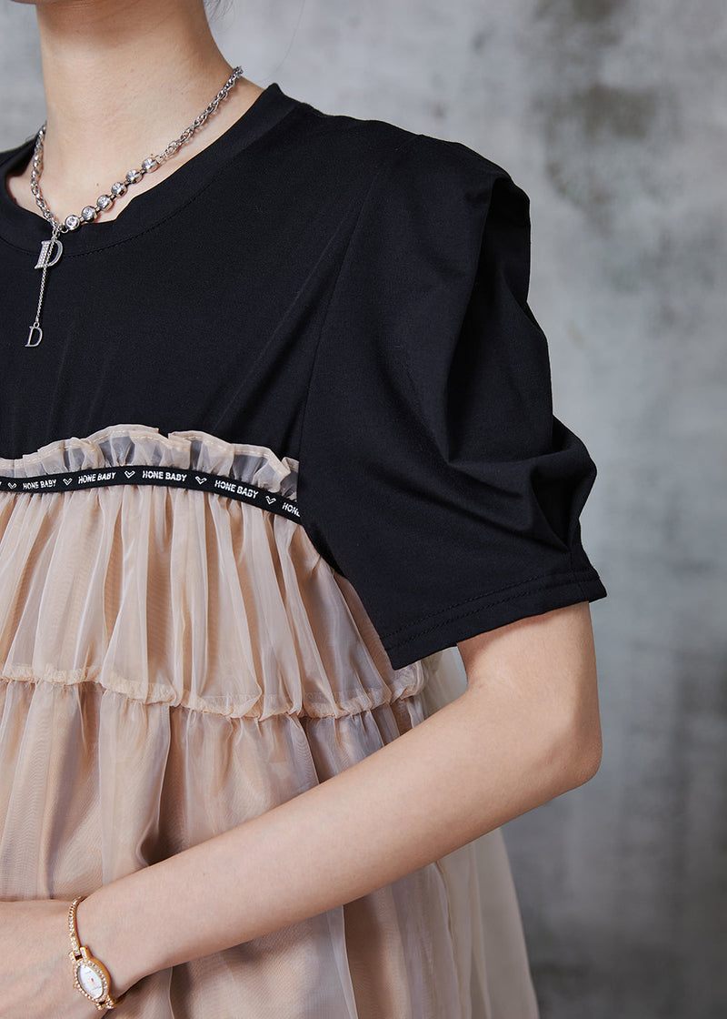 Khaki Oversized Patchwork Tulle Tea Dress Summer