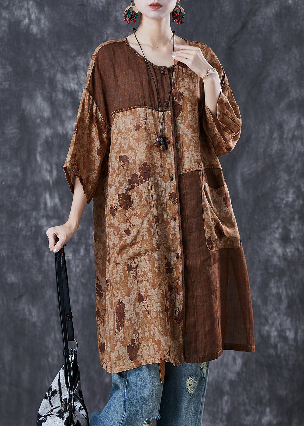 Khaki Oversized Patchwork Linen Dresses Summer
