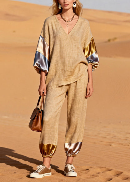 Khaki Oversized Patchwork Linen Two Pieces Set Spring