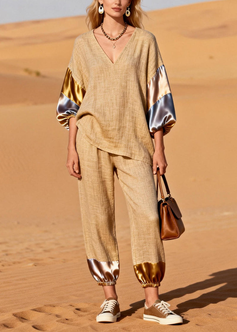 Khaki Oversized Patchwork Linen Two Pieces Set Spring