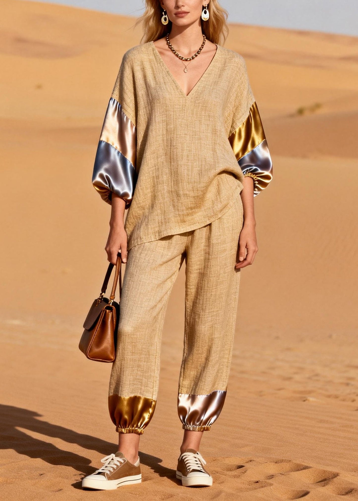 Khaki Oversized Patchwork Linen Two Pieces Set Spring