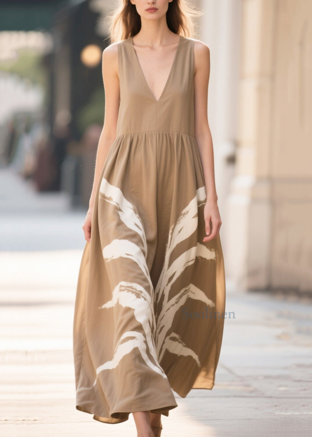 Khaki Oversized Print Cotton Robe Dresses Summer