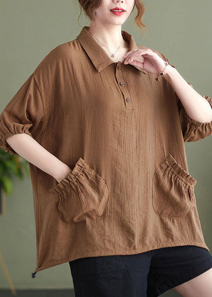 Khaki Patchwork Button T Shirt Short Sleeve