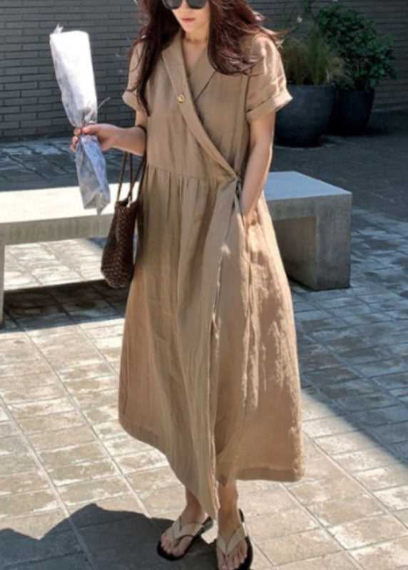 Khaki Peter Pan Collar Patchwork Linen Long Dress Short Sleeve