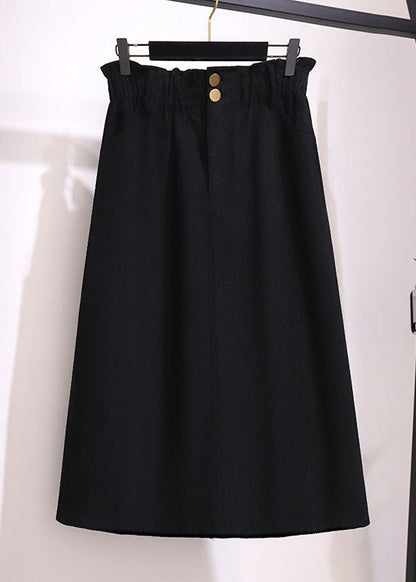 Khaki Pockets Elastic Waist Patchwork Corduroy Skirts Fall