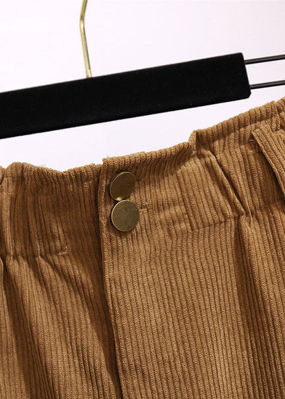 Khaki Pockets Elastic Waist Patchwork Corduroy Skirts Fall