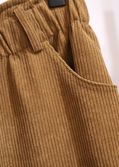 Khaki Pockets Elastic Waist Patchwork Corduroy Skirts Fall