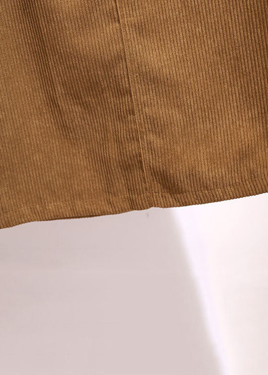Khaki Pockets Elastic Waist Patchwork Corduroy Skirts Fall