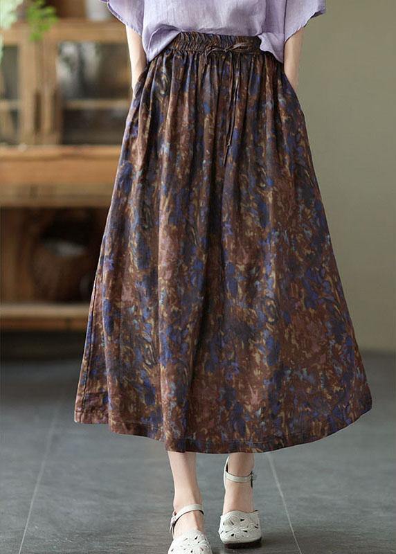 Khaki Print Patchwork a Line Skirt Linen Fall