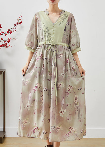Khaki Print Patchwork Linen Cinched Dress Summer