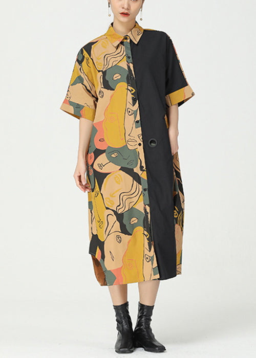 Khaki Print Pockets Patchwork Cotton Shirts Dress Short Sleeve