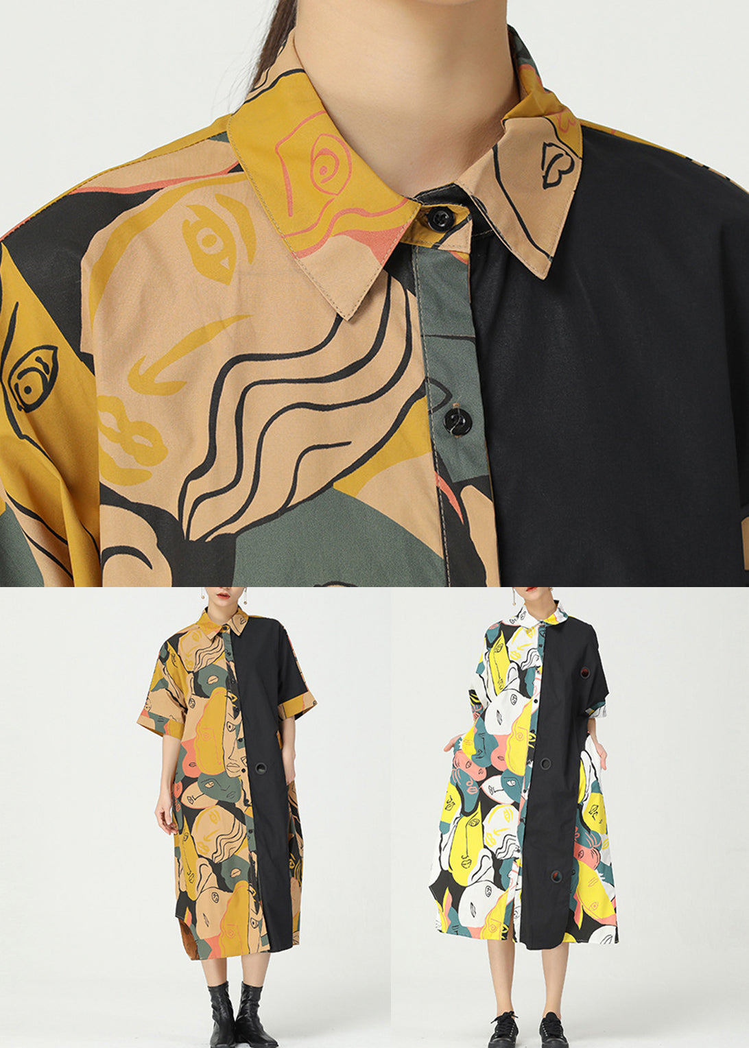 Khaki Print Pockets Patchwork Cotton Shirts Dress Short Sleeve