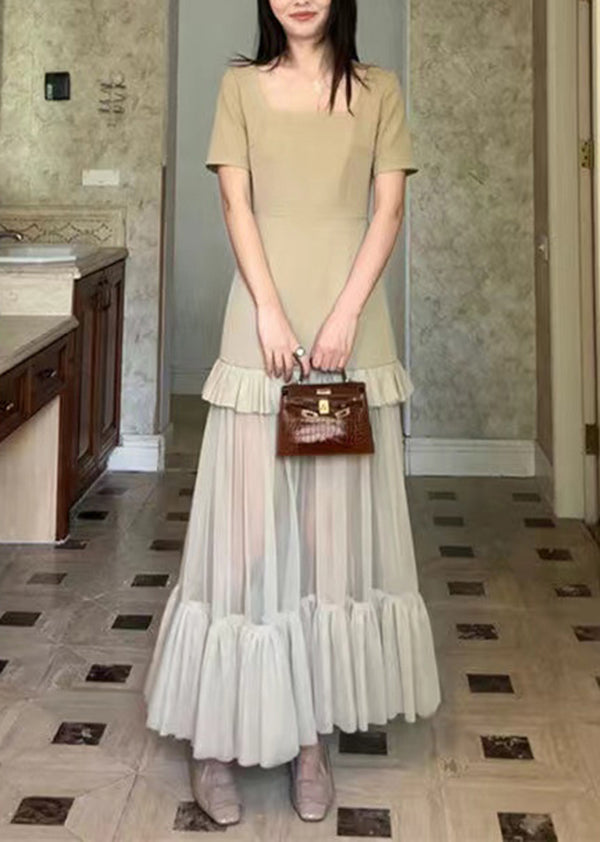 Khaki Square Collar Ruffled Patchwork Cotton Long Dresses Summer