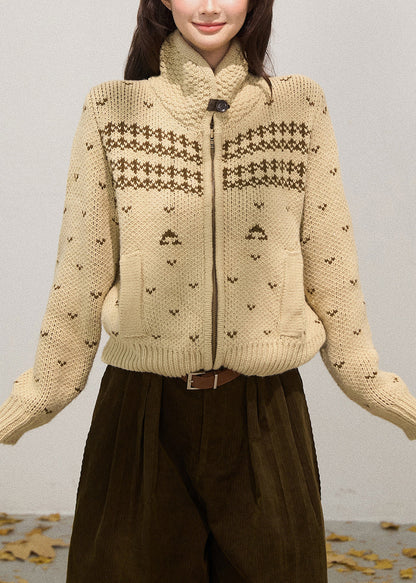 Khaki Stand Collar Zippered Knit Jackets Fall